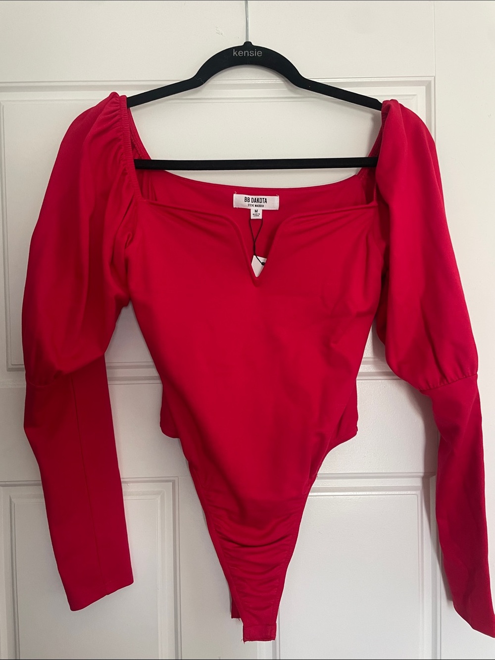 NWT BB Dakota Bright Red Puff-Sleeve Long-Sleeve Bodysuit